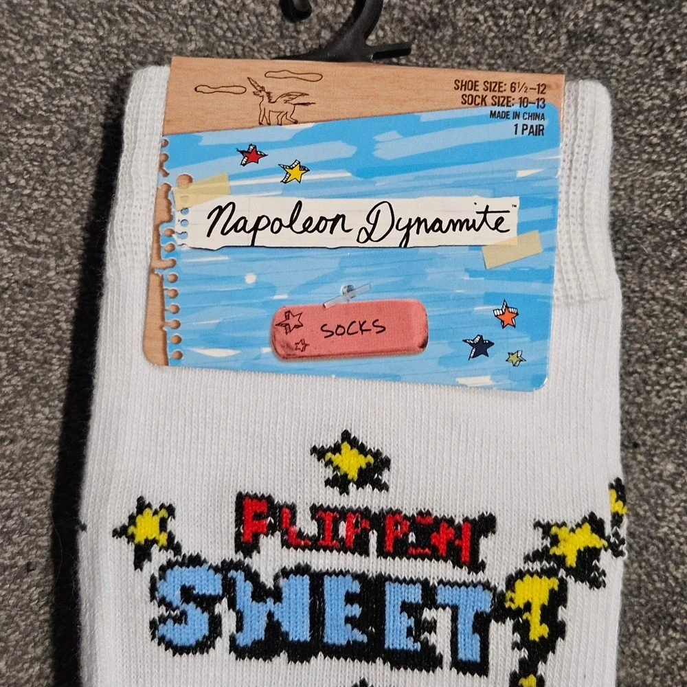 Napoleon Dynamite Flippin Sweet Mens Crew Socks White Grey Size 6.5-12 NWT